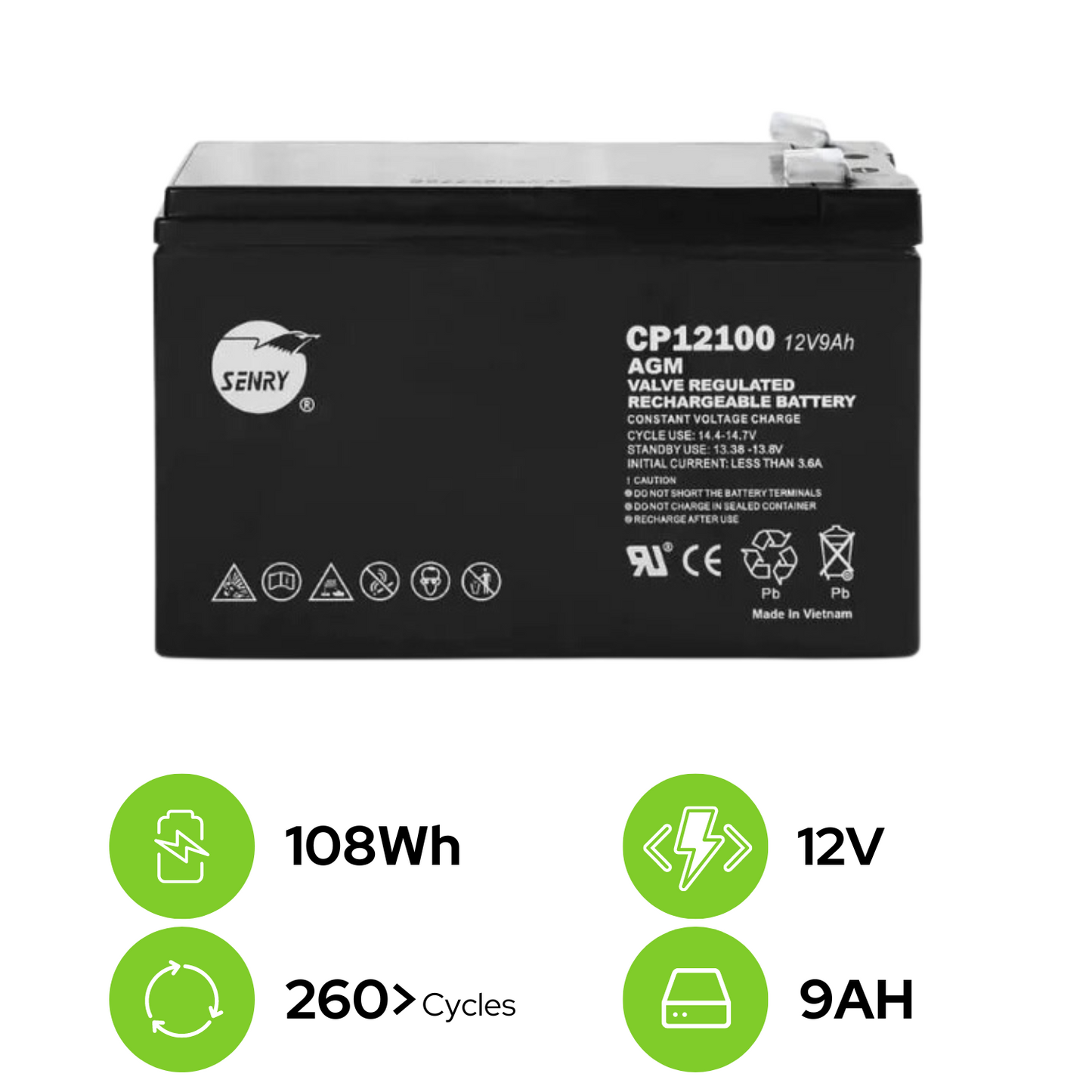 RCT Senry CP12100 12V 9Ah Rechargeable Sealed AGM Battery